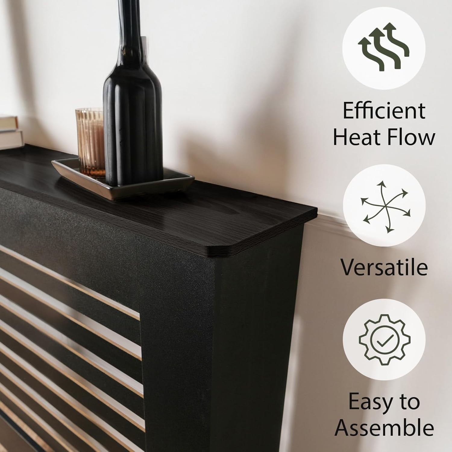 Black Radiator Cover Medium MDF Slatted Cabinet – Modern Wooden Heater Shelf