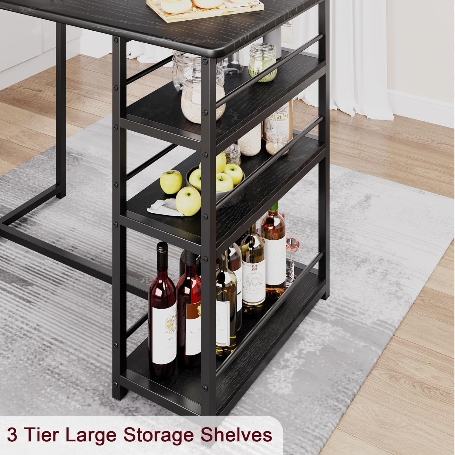 3 Pieces Bar Table Set with 2 Upholstered Stools & Storage Shelves High Dining