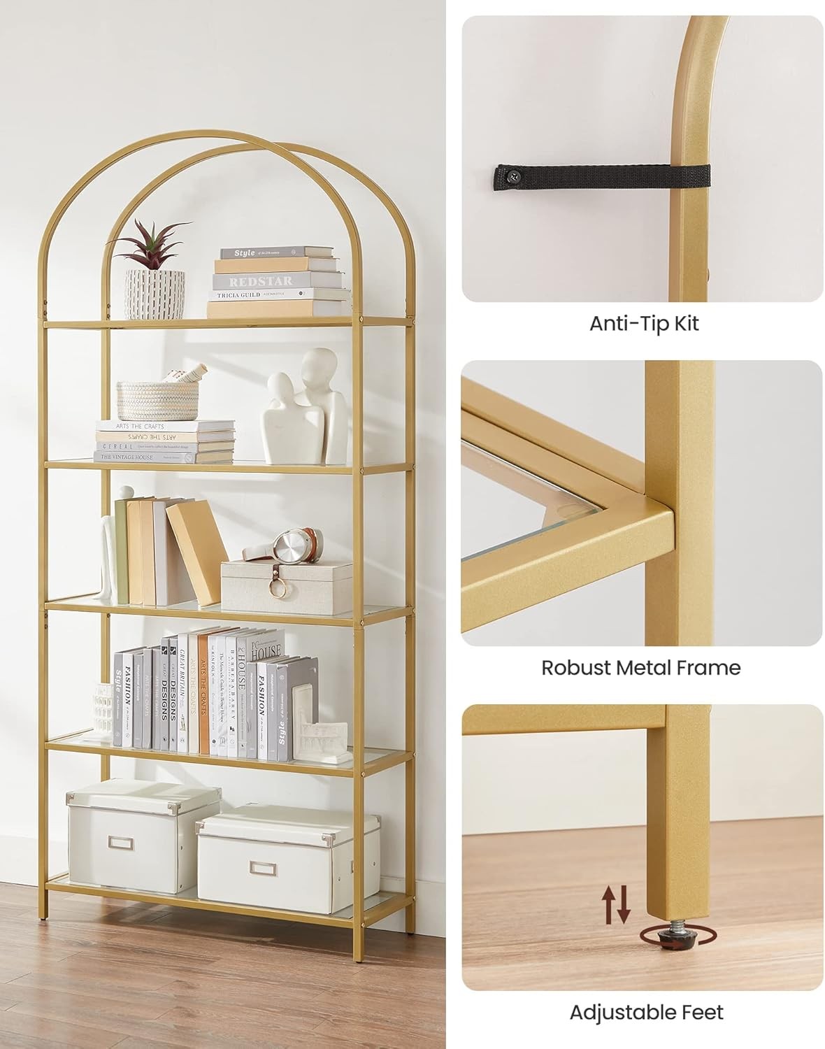 5-Tier Gold Arched Glass Shelf Unit Modern Tall Display Storage Rack