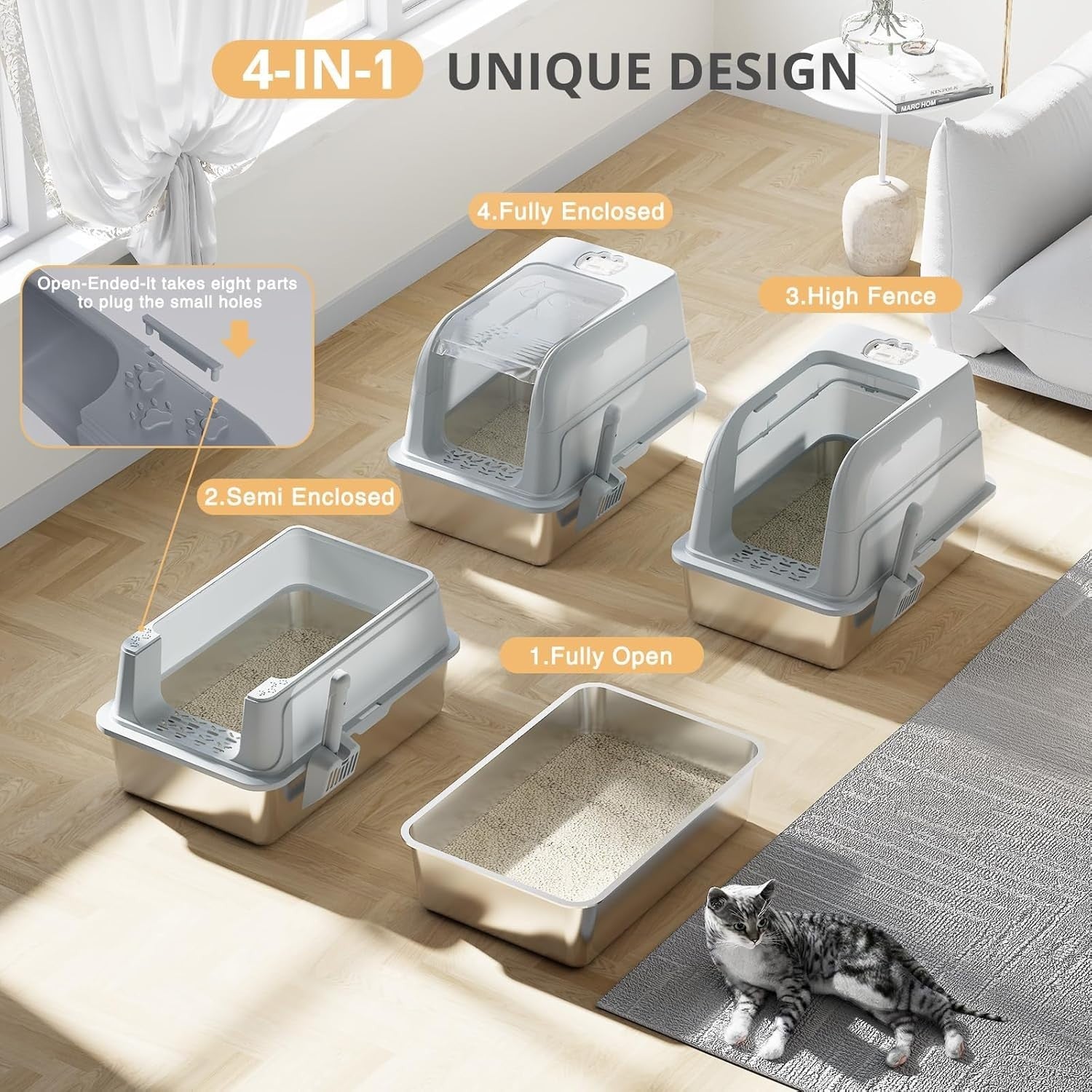 XL Stainless Steel Cat Litter Box Clear Lid High Sided Grey Tray