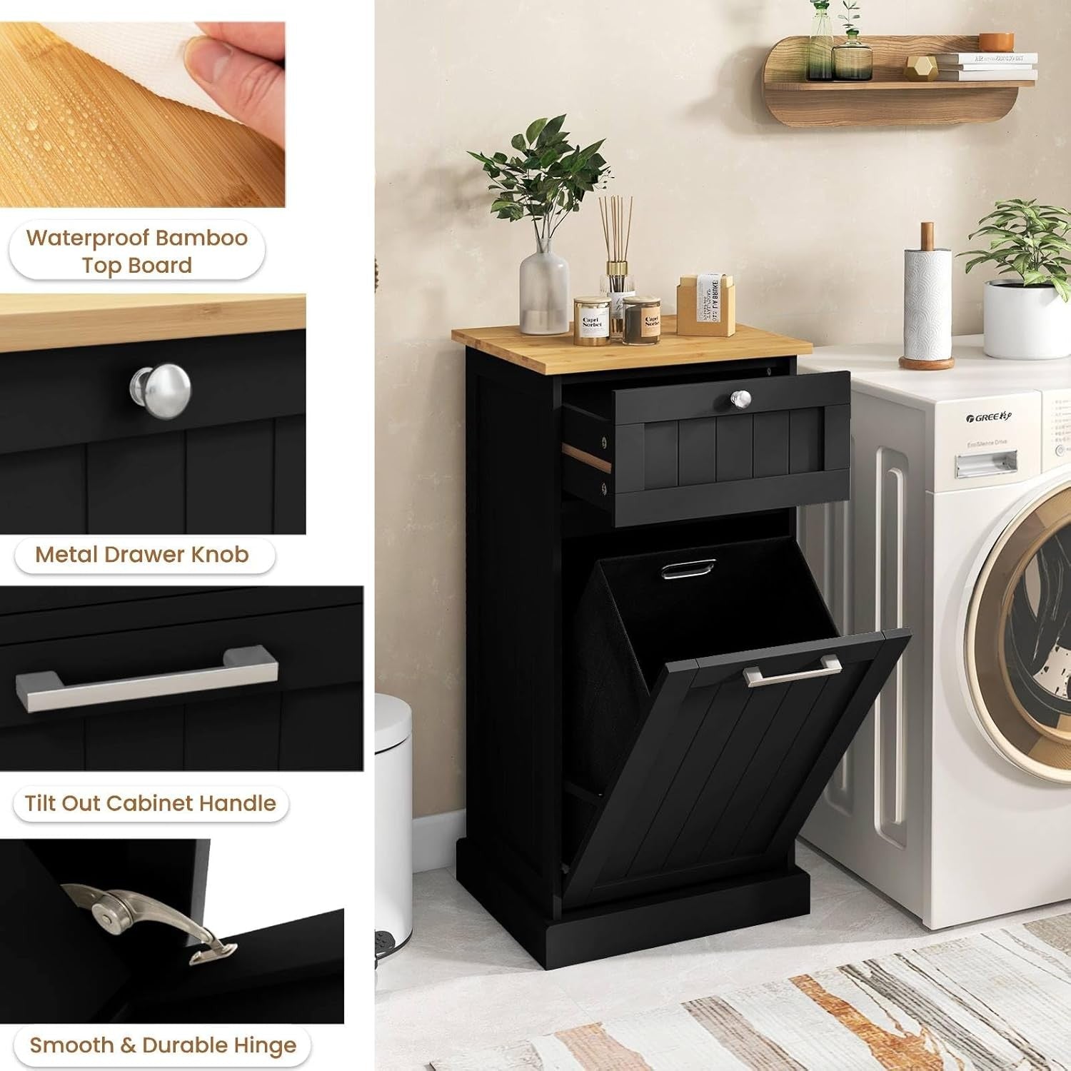 Black Tilt-Out Laundry Hamper Cabinet with Drawer 30L Basket Bathroom Unit