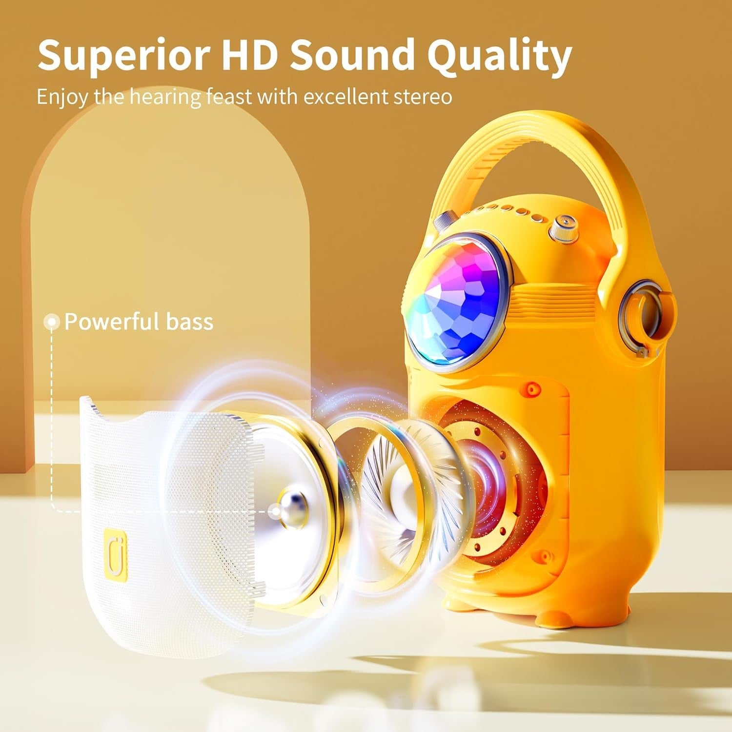 Kids Karaoke Machine Bluetooth Speaker 2 Mics LED Lights Yellow