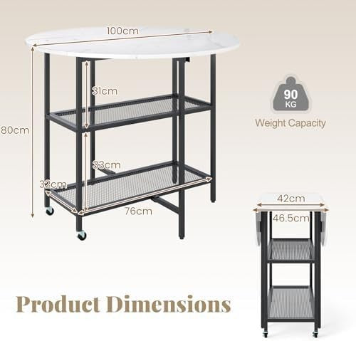 Folding Dining Table with Wheels & Storage Shelves Black + White