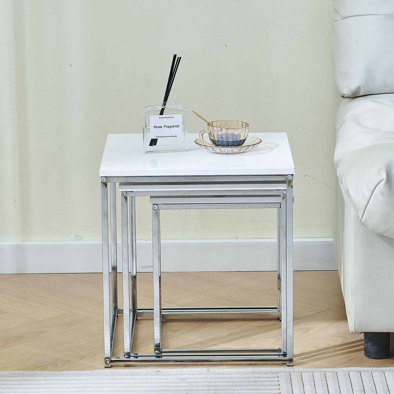White Nesting Coffee Table Set 3-Piece End Side Nightstand Space Saving