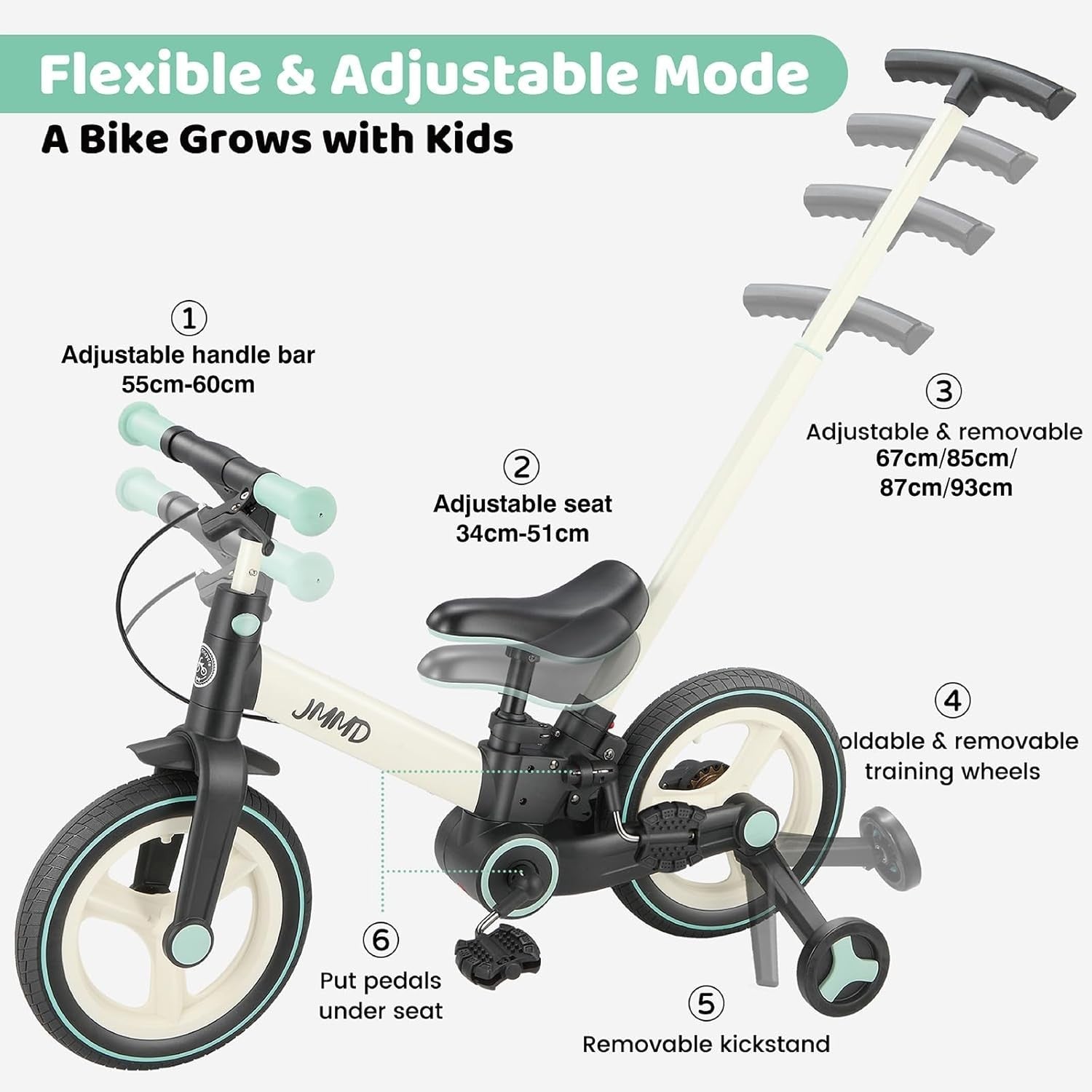 6 in 1 Toddler Bike Balance Pedal Bike Foldable Training Wheels Mint