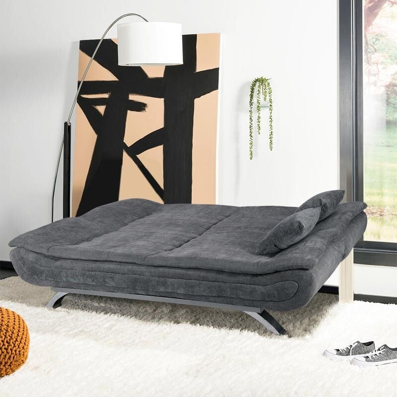 Grey Linen 2 Seater Sofa Bed with Pillows Folding Sleeper Couch for Flats
