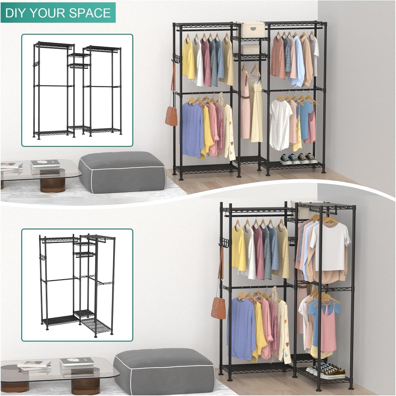 Adjustable Clothes Rail 5 Rods & 7 Shelves – Black 195cm