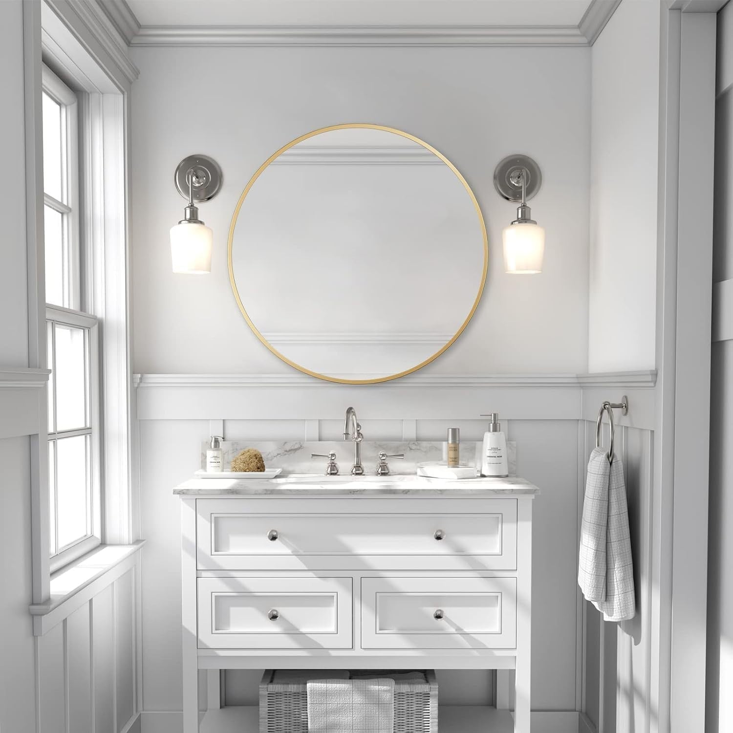 Gold Round Wall Mirror 80cm Metal Frame Bathroom Vanity Entryway Modern