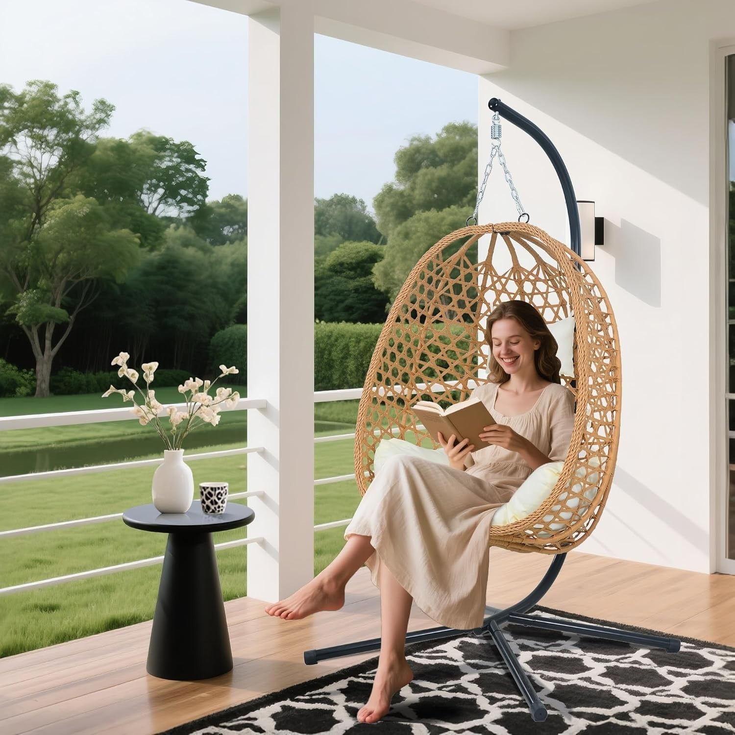 Rattan Hanging Egg Chair with Stand | Outdoor Swing Seat for Patio & Garden