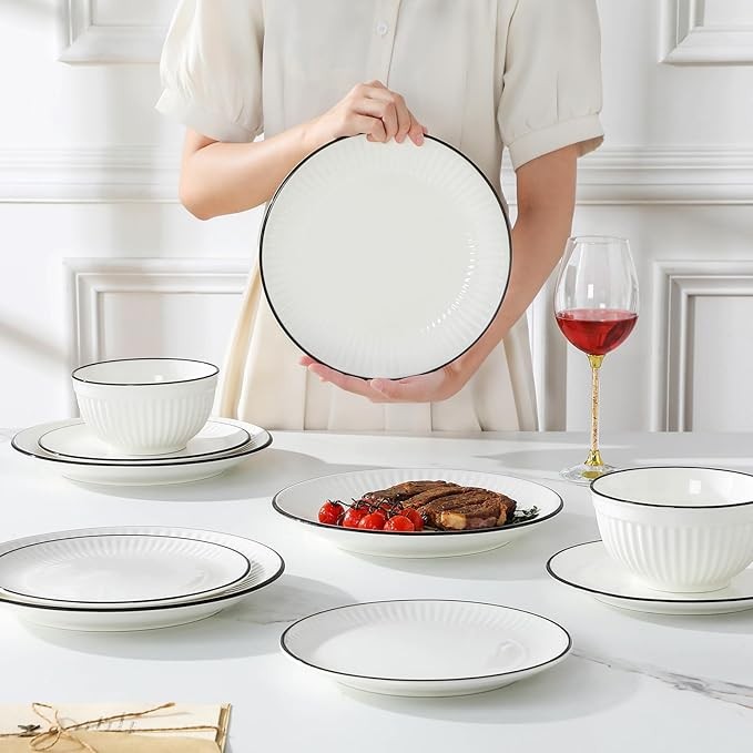18 Piece White Dinner Set for 6 Embossed Porcelain Plates Bowls Black Rim