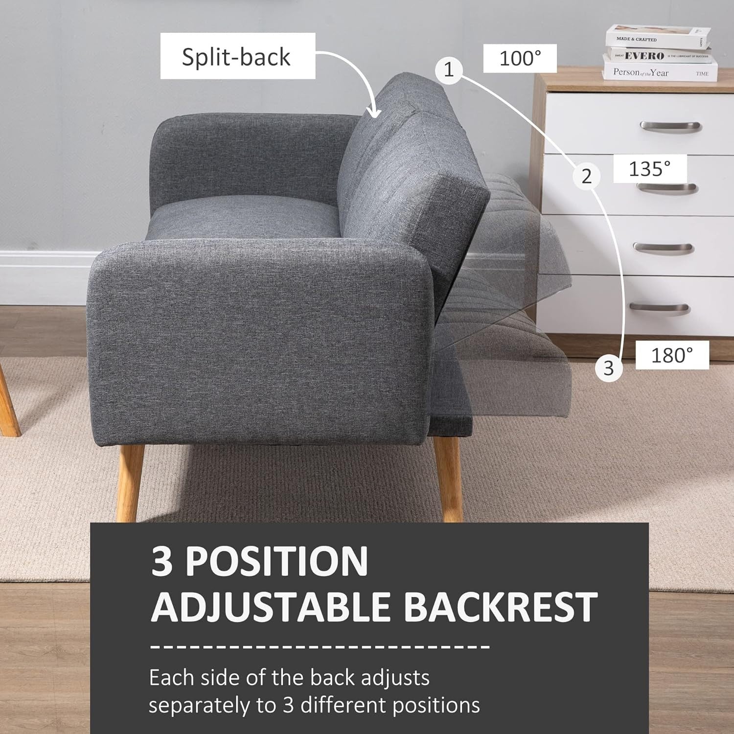 2-Seater Click Clack Sofa Bed Grey Linen Split Back Guest Couch Small Room