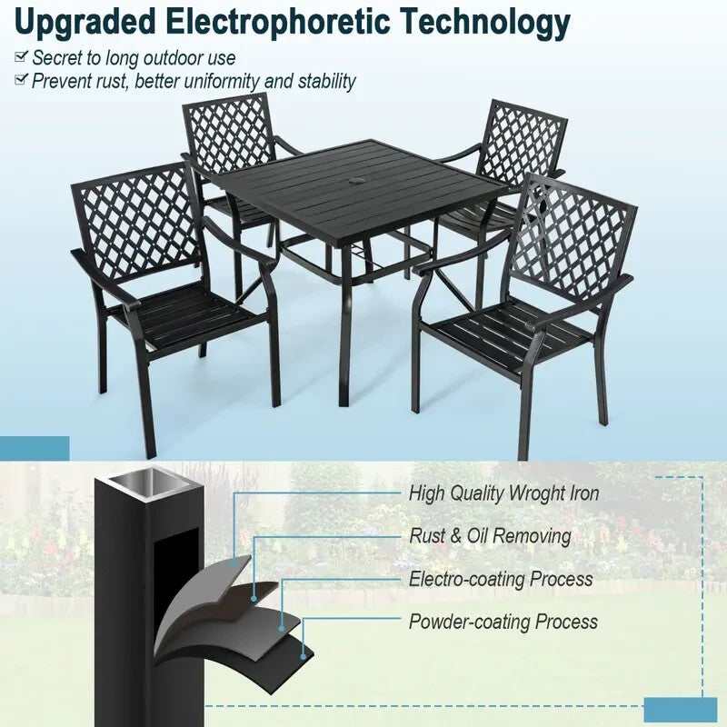 5-Piece Metal Patio Dining Set – Stackable Chairs & Slatted Table w/ Umbrella Ho