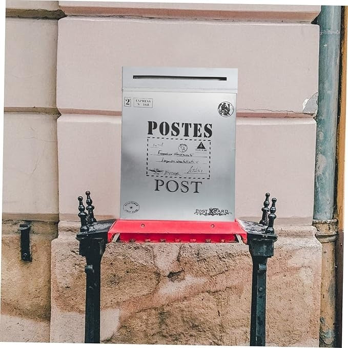 Retro Wall Mounted Mailbox Silver Iron Post Box Vintage Outdoor Letter Holder