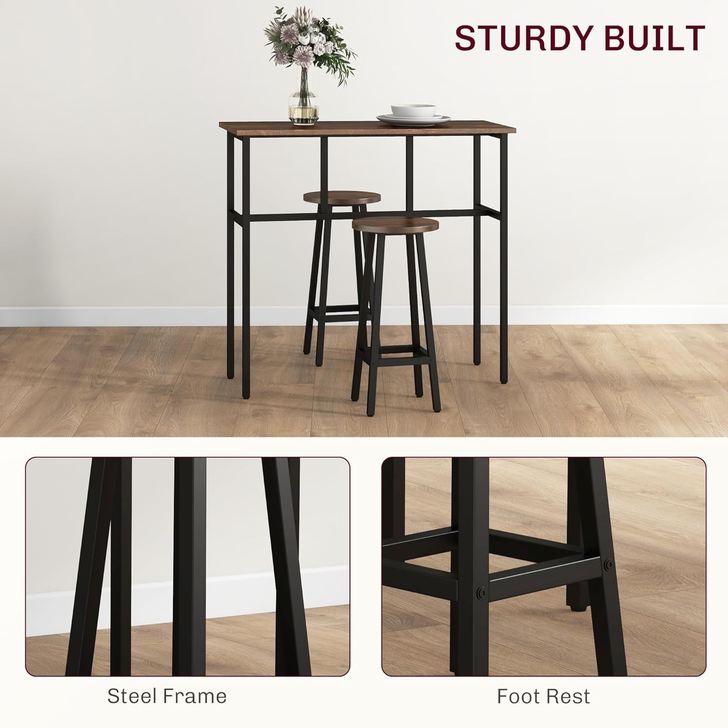 6-Piece Bar Table Set 2 High Tables & 4 Stools, Rustic Brown Space-Saving Dining
