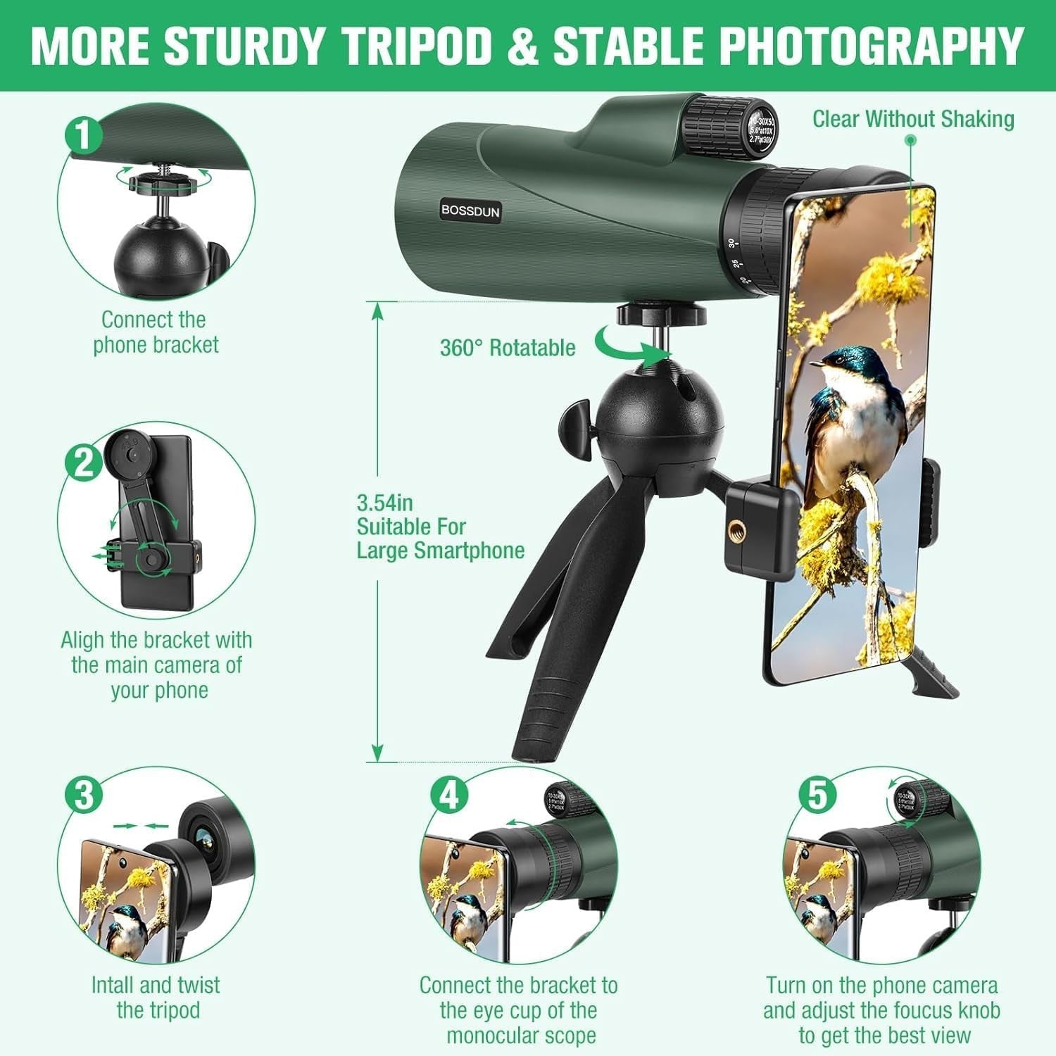 10-30x50 High Power Zoom Monocular HD BAK4 Prism + Tripod & Phone Adapter