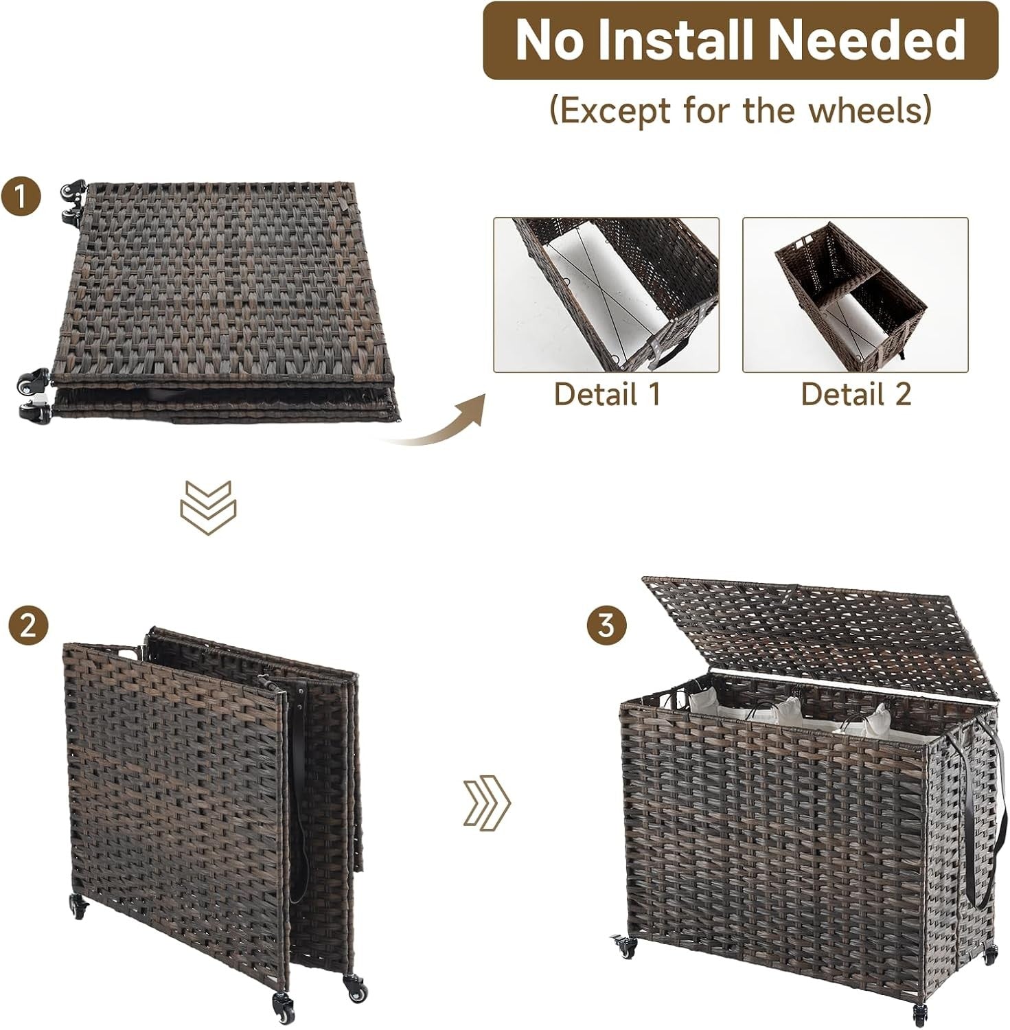 200L Rattan Laundry Hamper with Wheels Lid 3-Section Removable Bags Brown