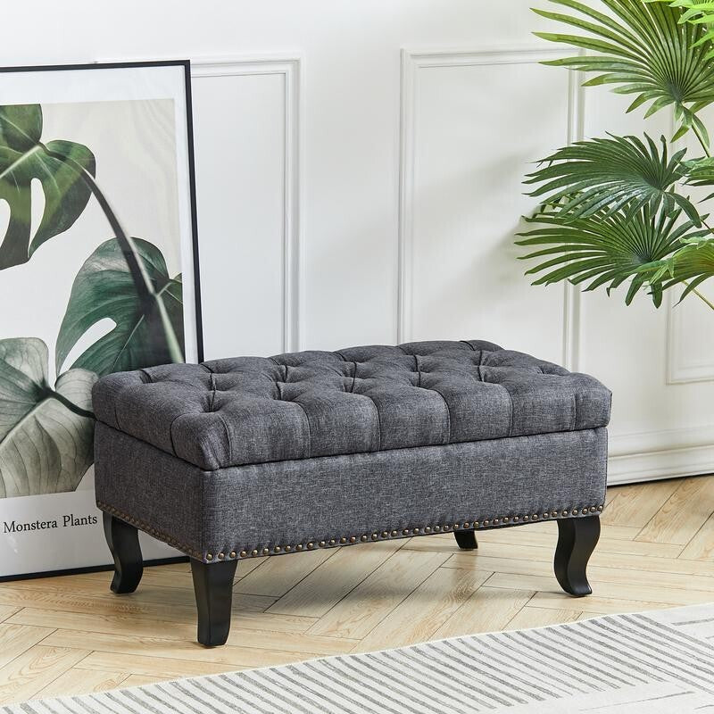 Grey Linen Ottoman Bench 2-Seater Tufted Entryway Seat with Storage