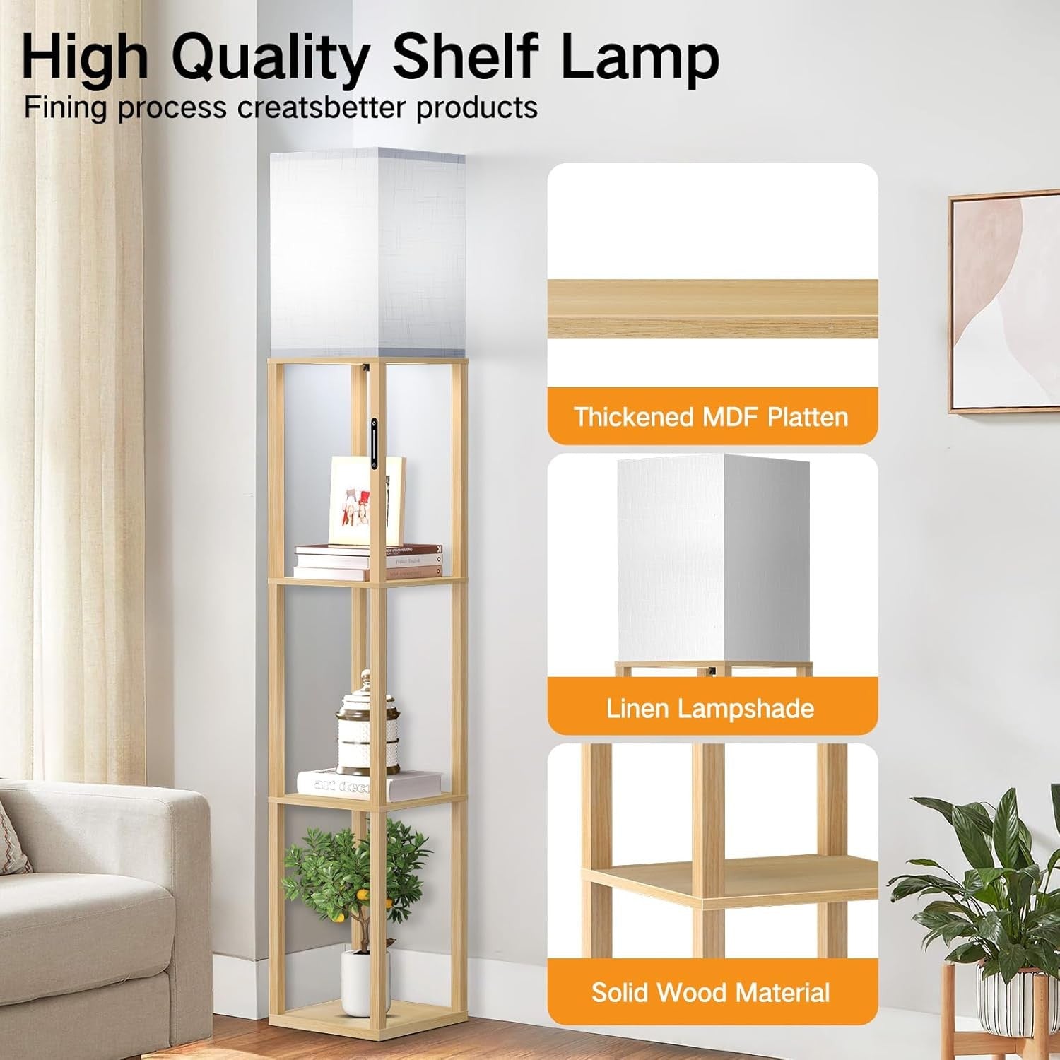 Floor Lamp with Shelves Dimmable Touch Remote LED Standing Light Wood