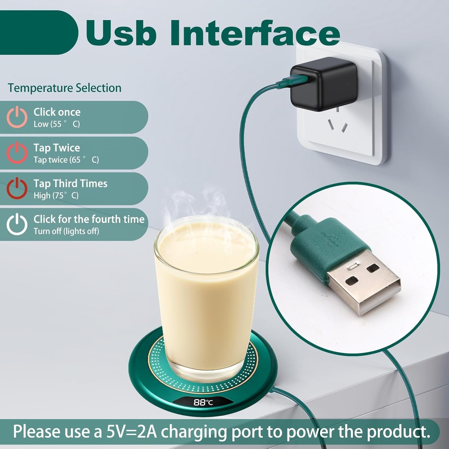 USB Coffee Mug Warmer 3 Temp Settings LED 8H Auto Shut Off