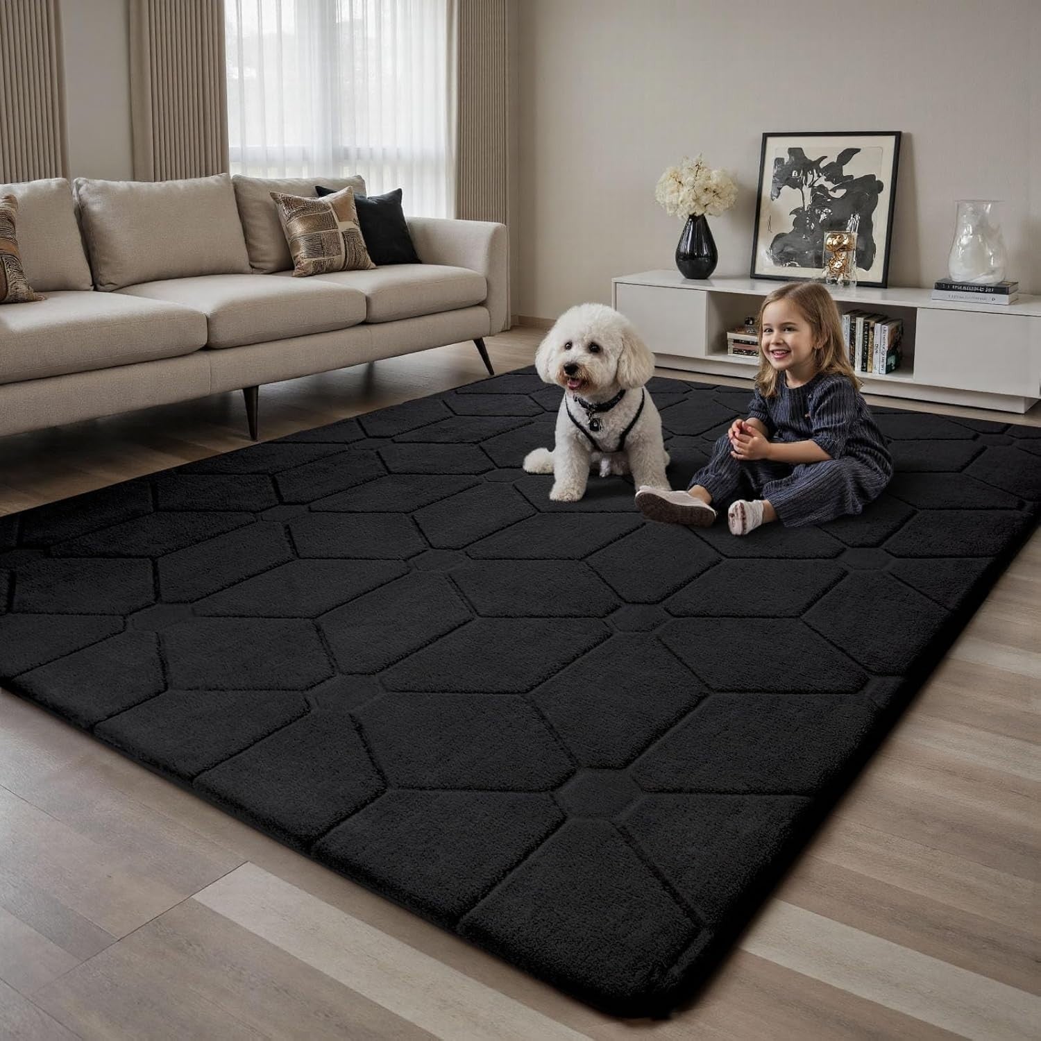 Extra Large Black Area Rug 275x370cm Washable Anti Slip Short Pile Carpet