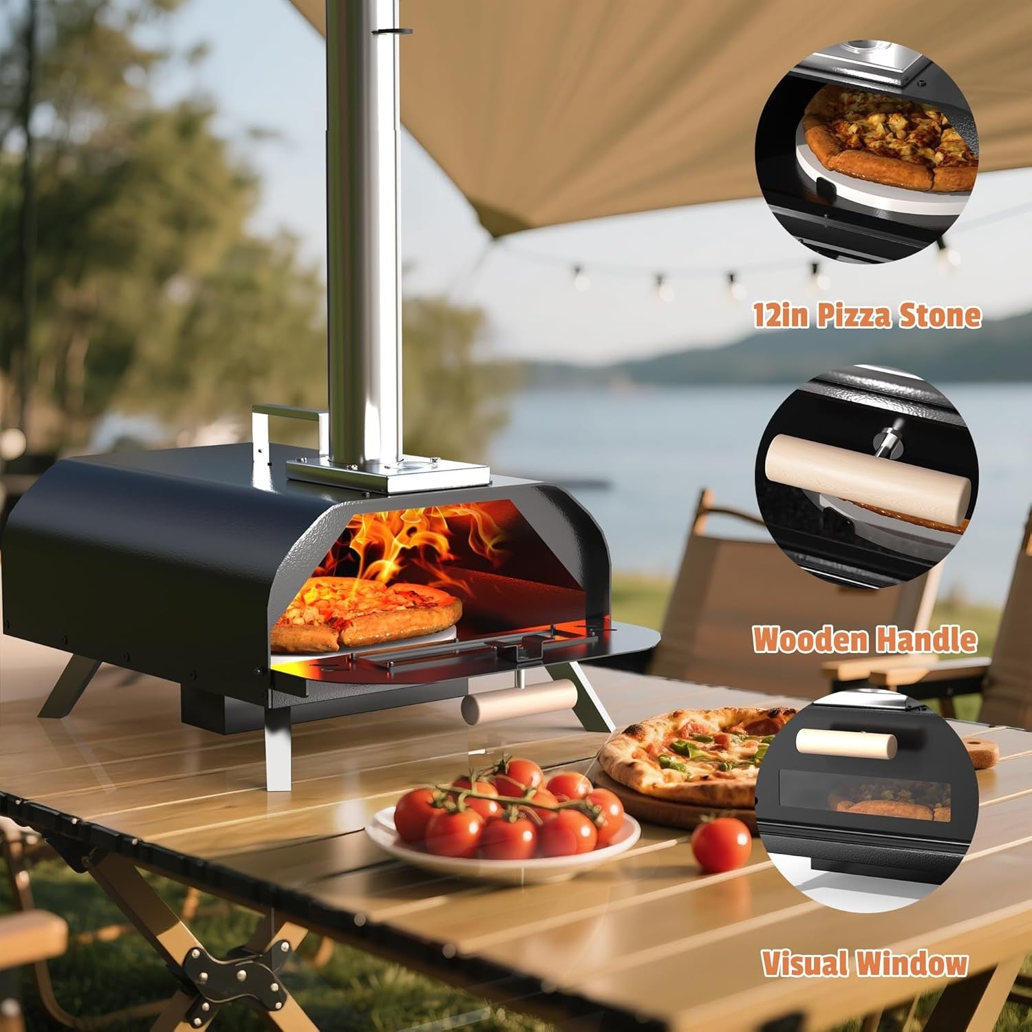 Portable 12" Outdoor Wood Fired Pizza Oven | Stone Grill w/ Peel & Cutter Set