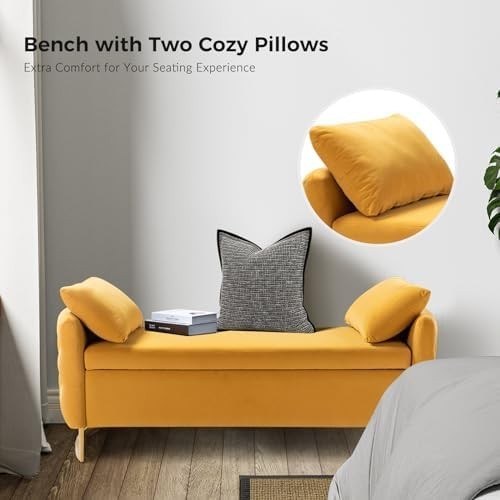 Yellow Storage Ottoman Bench with Pillows & Metal Legs - Bedroom End Seat