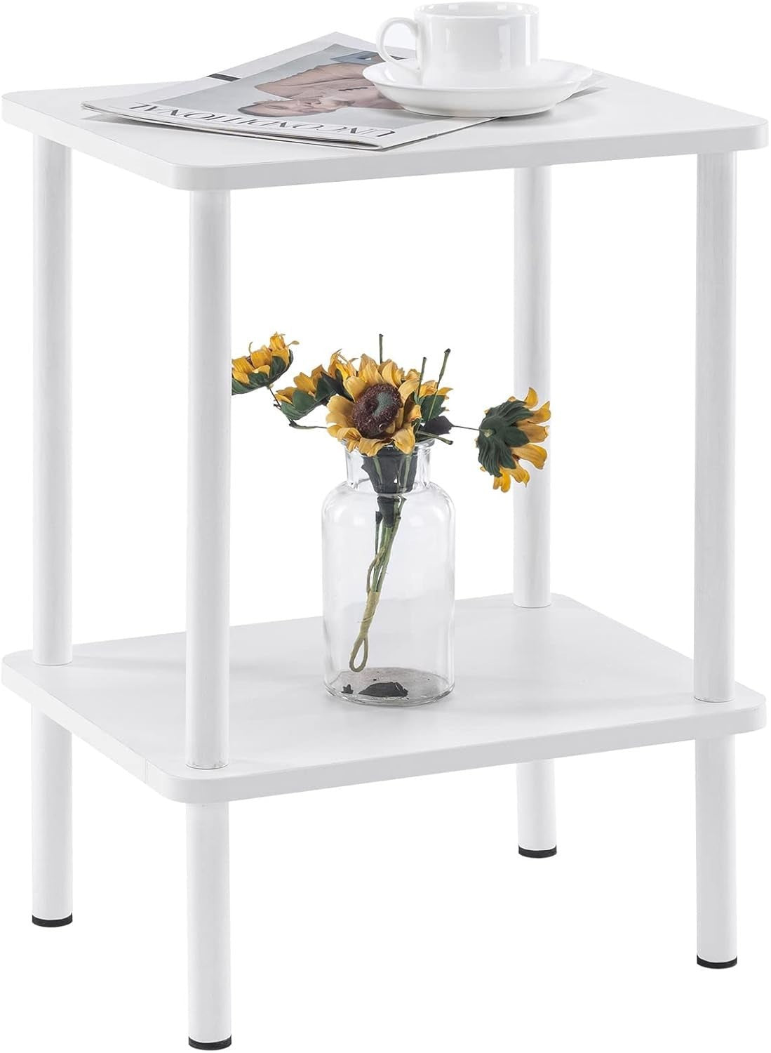White 2-Tier Narrow Side Table with Shelf – Small Bedside End Table