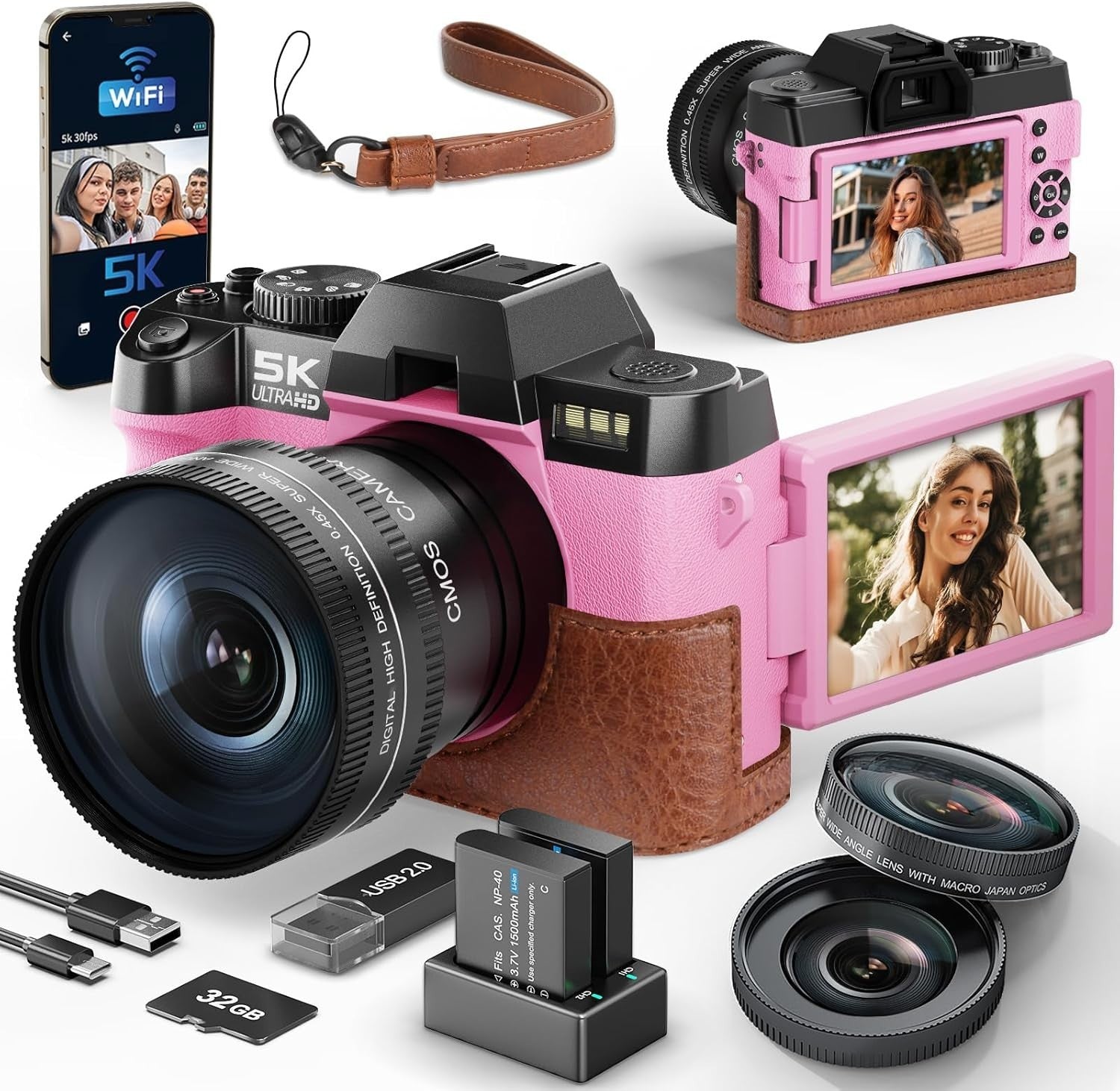 5K Digital Camera 64MP WiFi Vlogging Camera Flip Screen 16X Zoom