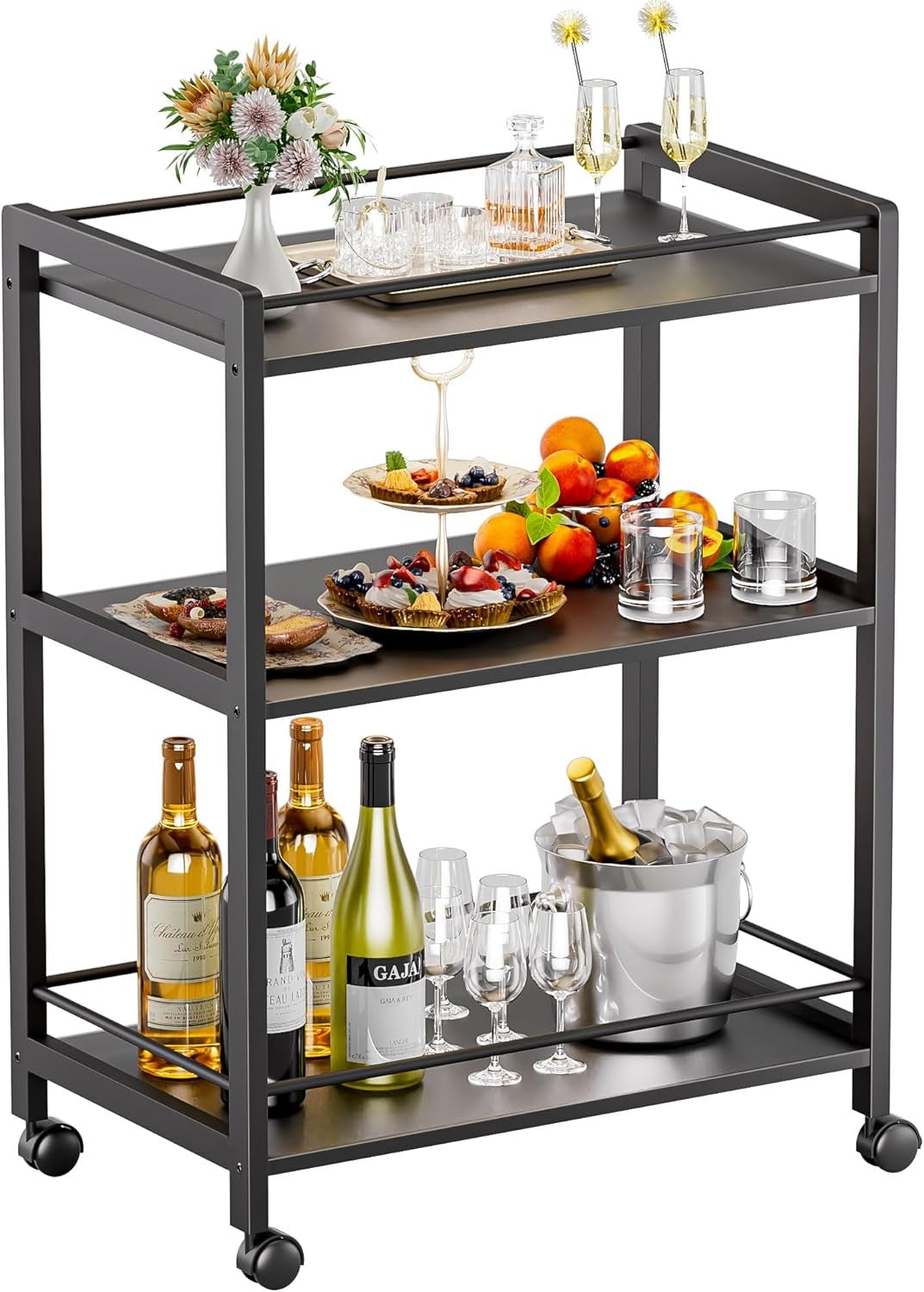 3 Tier Bar Cart Black Rolling Drinks Trolley with Storage Shelves Wheels