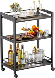 3 Tier Bar Cart Black Rolling Drinks Trolley with Storage Shelves Wheels