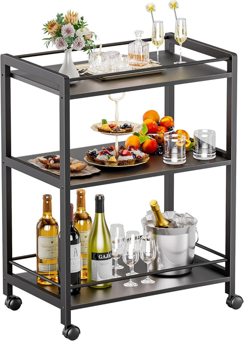 3 Tier Bar Cart Black Rolling Drinks Trolley with Storage Shelves Wheels