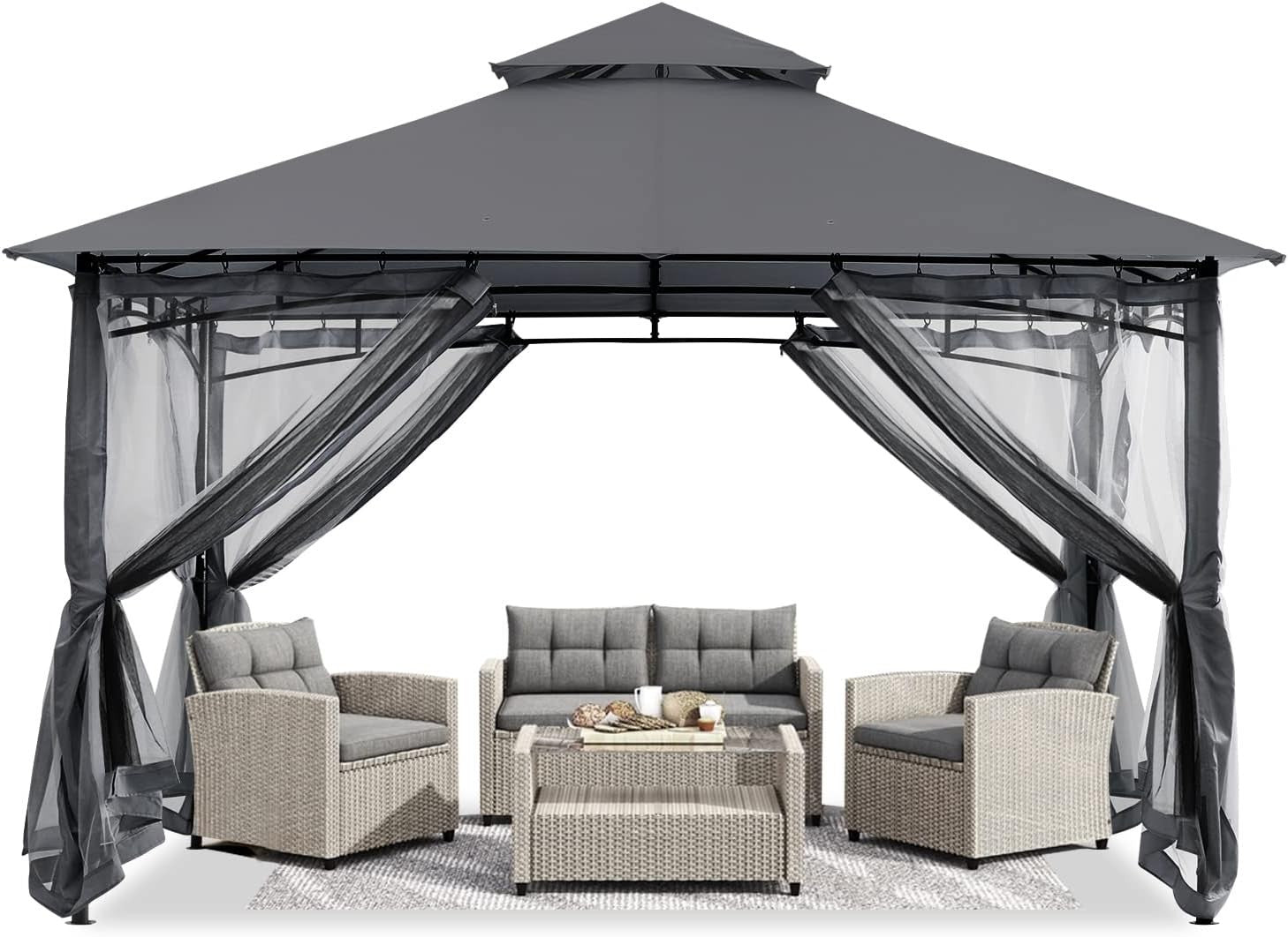 3x3M Grey Outdoor Gazebo With Netting Double Roof Waterproof Garden Patio Tent