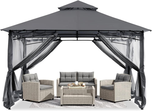 3x3M Grey Outdoor Gazebo With Netting Double Roof Waterproof Garden Patio Tent