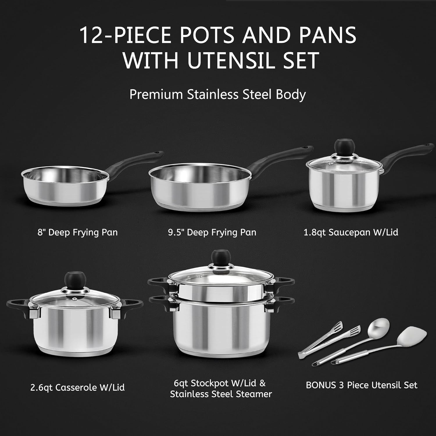 12pcs Stainless Steel Cookware Set with Lids & Utensils Induction Safe Pots Pans