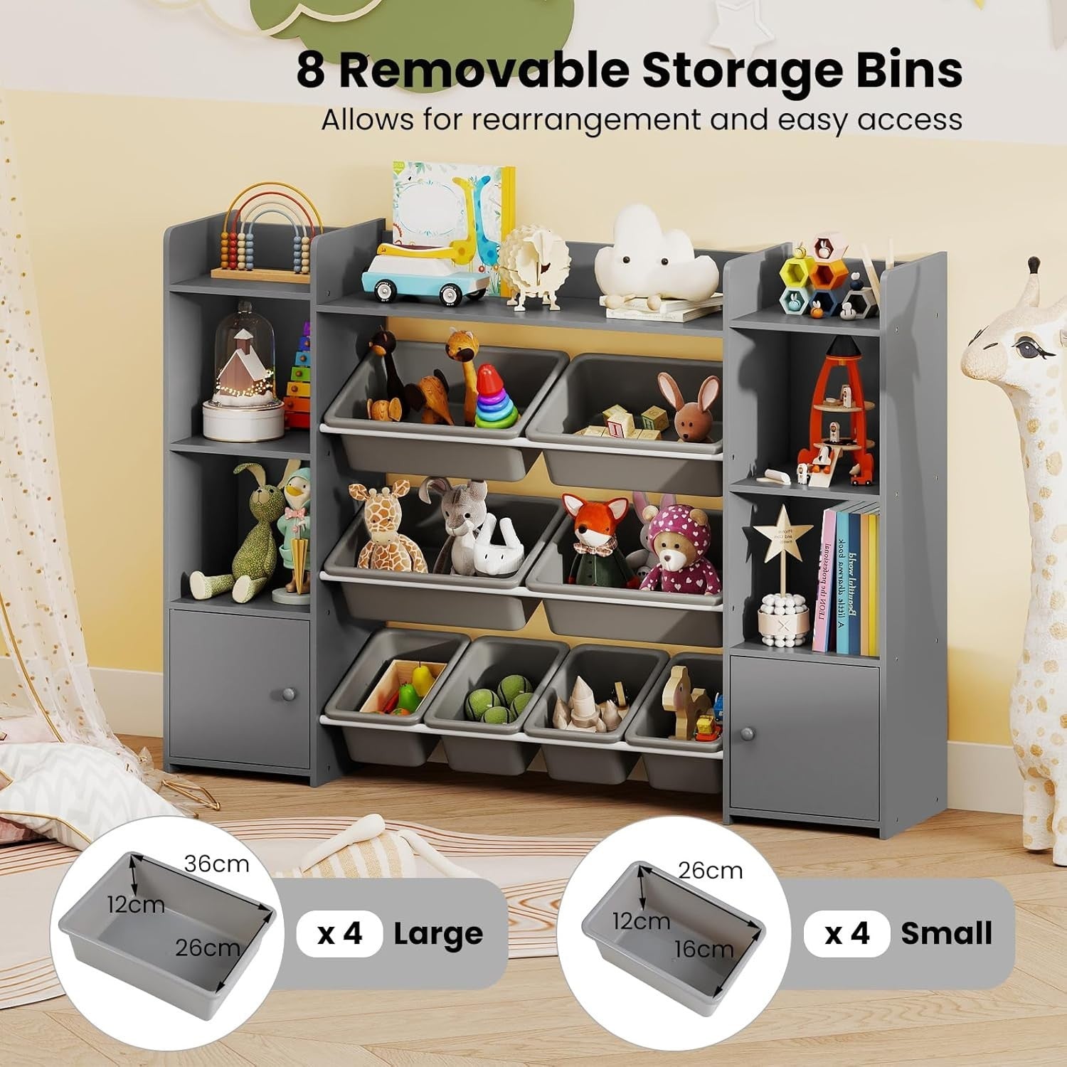 Kids Toy Storage Unit with Bins & Shelves – Large Grey Bookshelf 142cm