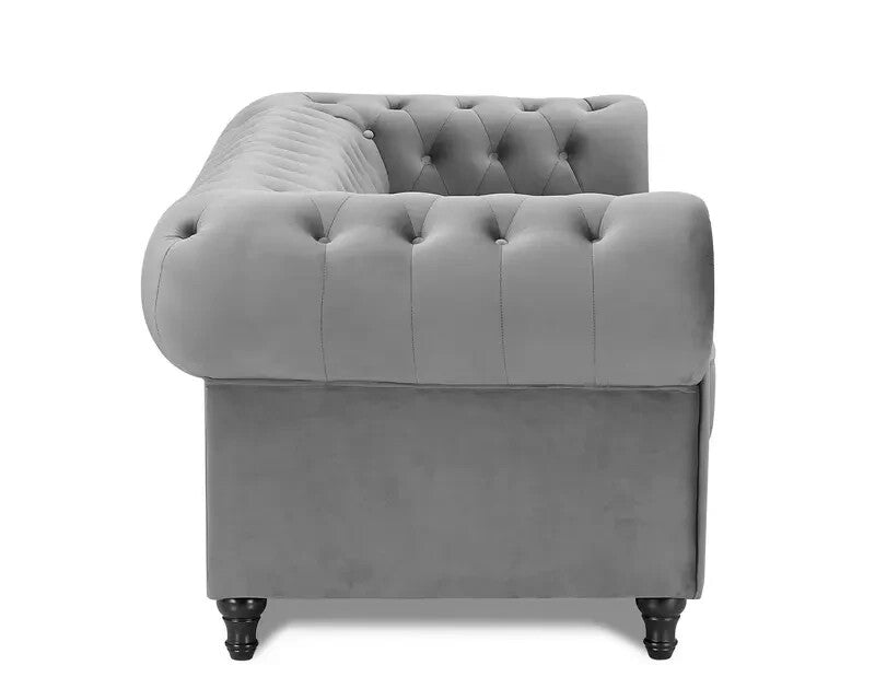Grey Chesterfield Velvet 2 Seater Sofa Tufted Scroll Arm Classic Couch
