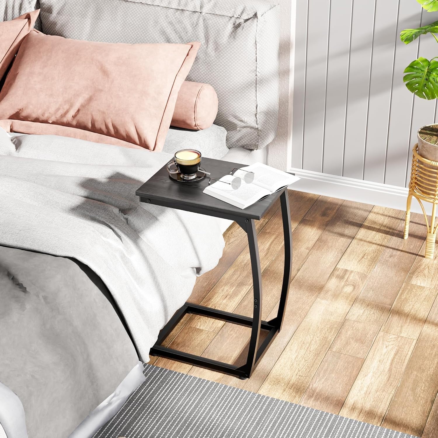 C Shape Black Side Table 2Sofa Laptop Snack Stand Narrow TV Tray for Living Room