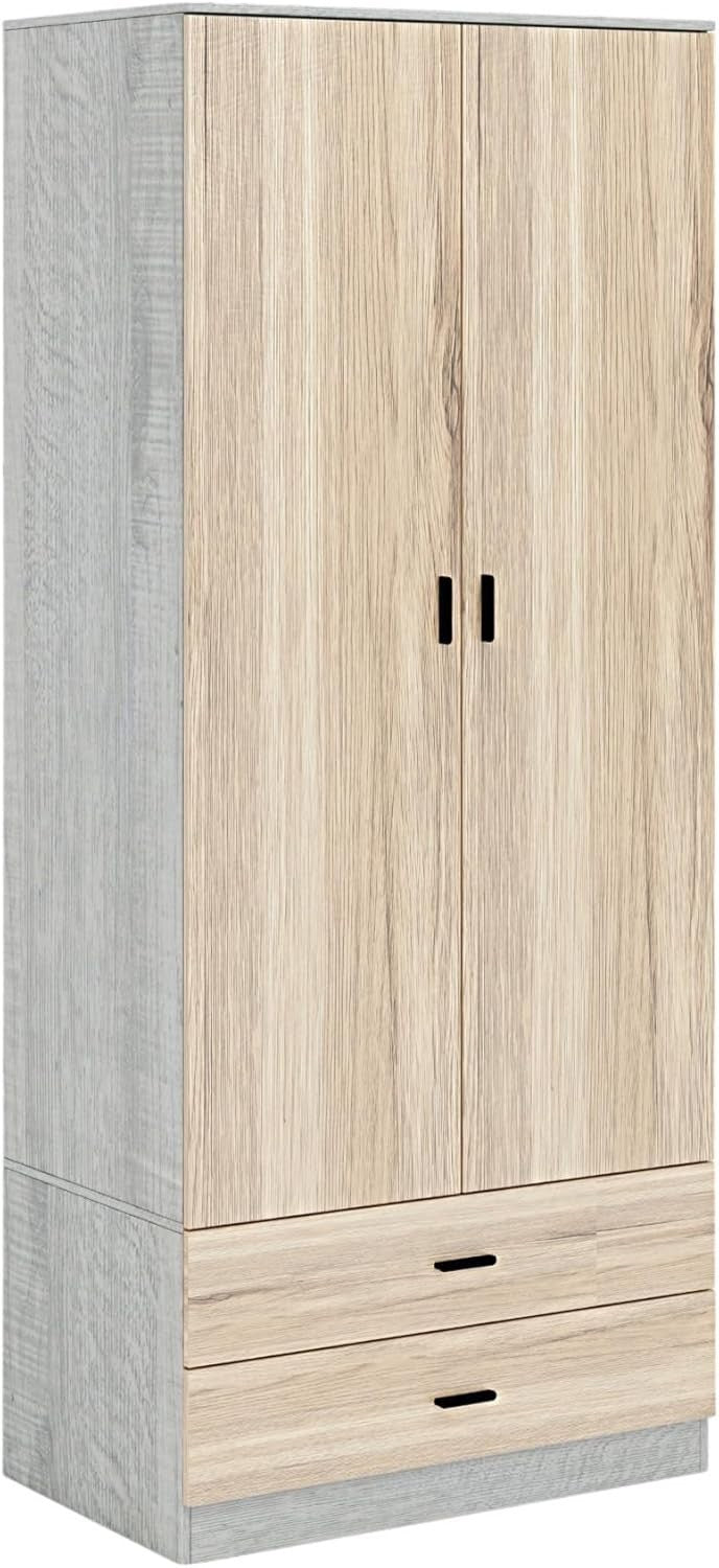 Tall Oak Wardrobe 2 Door 2 Drawer Storage Cabinet for Bedroom Clothes