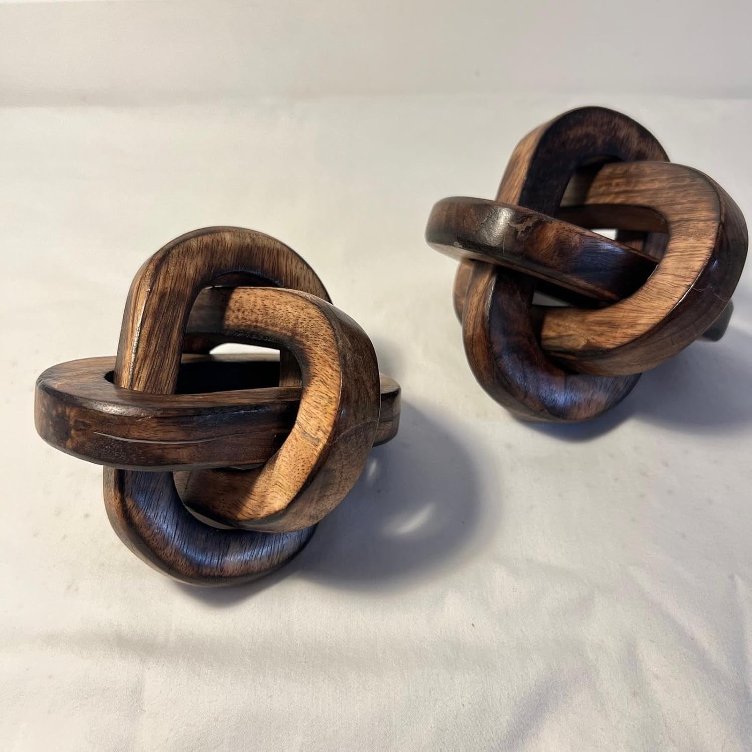 Rustic Wooden Knot Ornaments Pair | 3-Link Sculptures | Shelf & Coffee Table