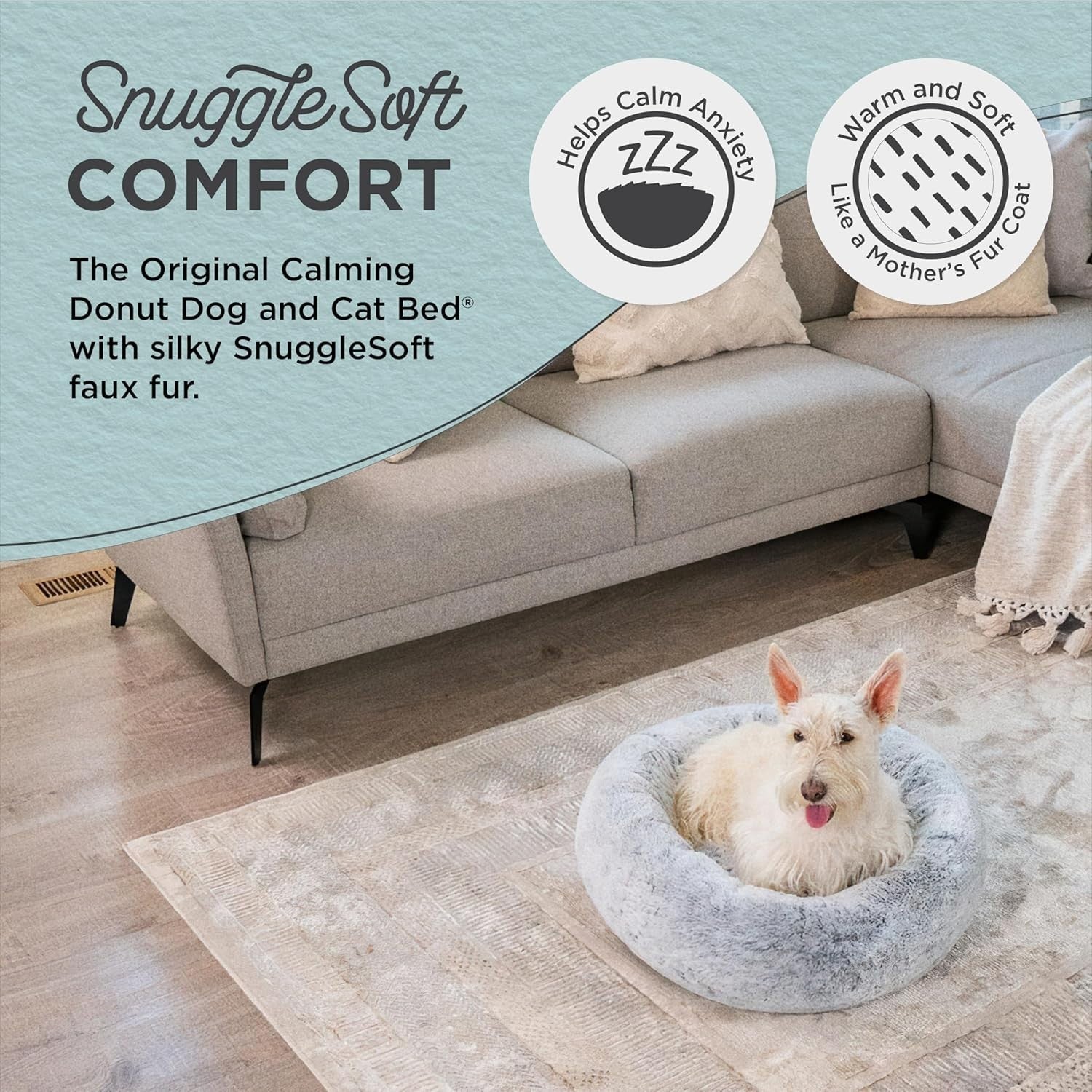 Calming Donut Dog Bed 23x23 Memory Foam Faux Fur Grey