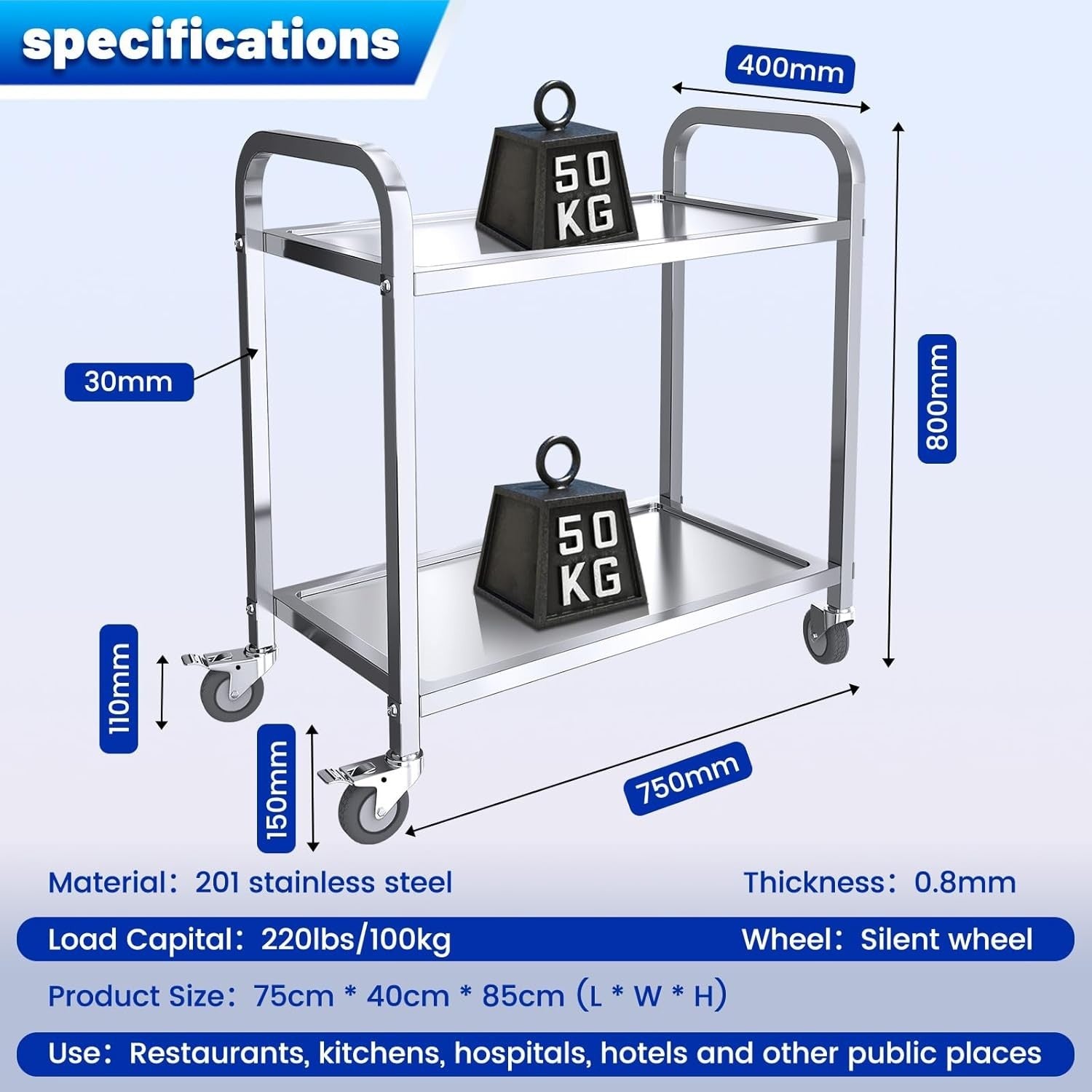 Stainless Steel 2 Tier Kitchen Trolley 75cm Utility Cart