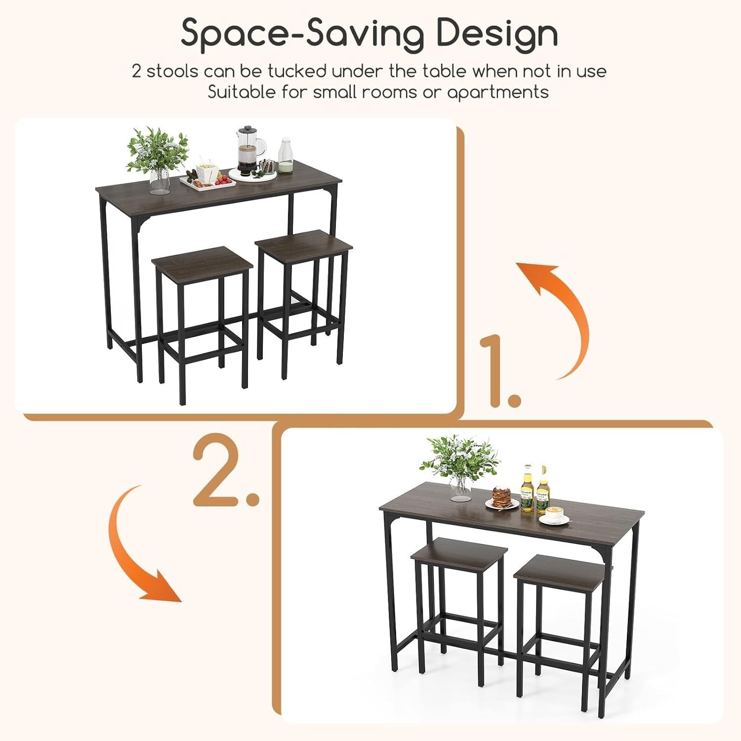 3 Piece Bar Table Set with Stools Space Saving Counter Height Dining Gray Black