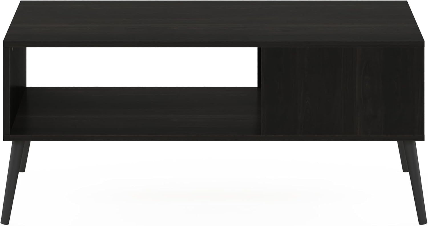 Mid Century Espresso Coffee Table with Wood Legs & 3 Open Shelves 101x50cm