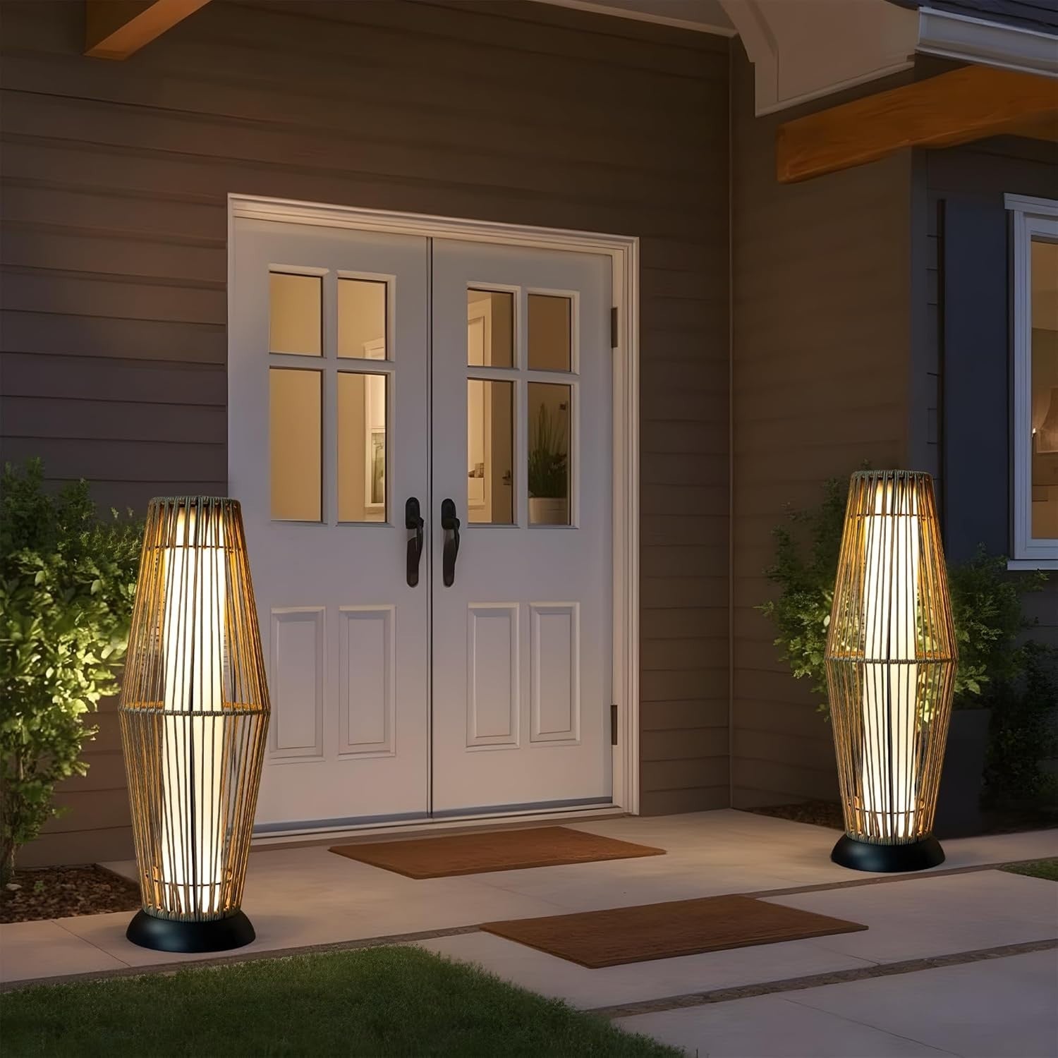2 Pack Solar Wicker Floor Lamps Outdoor Grey Rattan Lanterns 73 cm