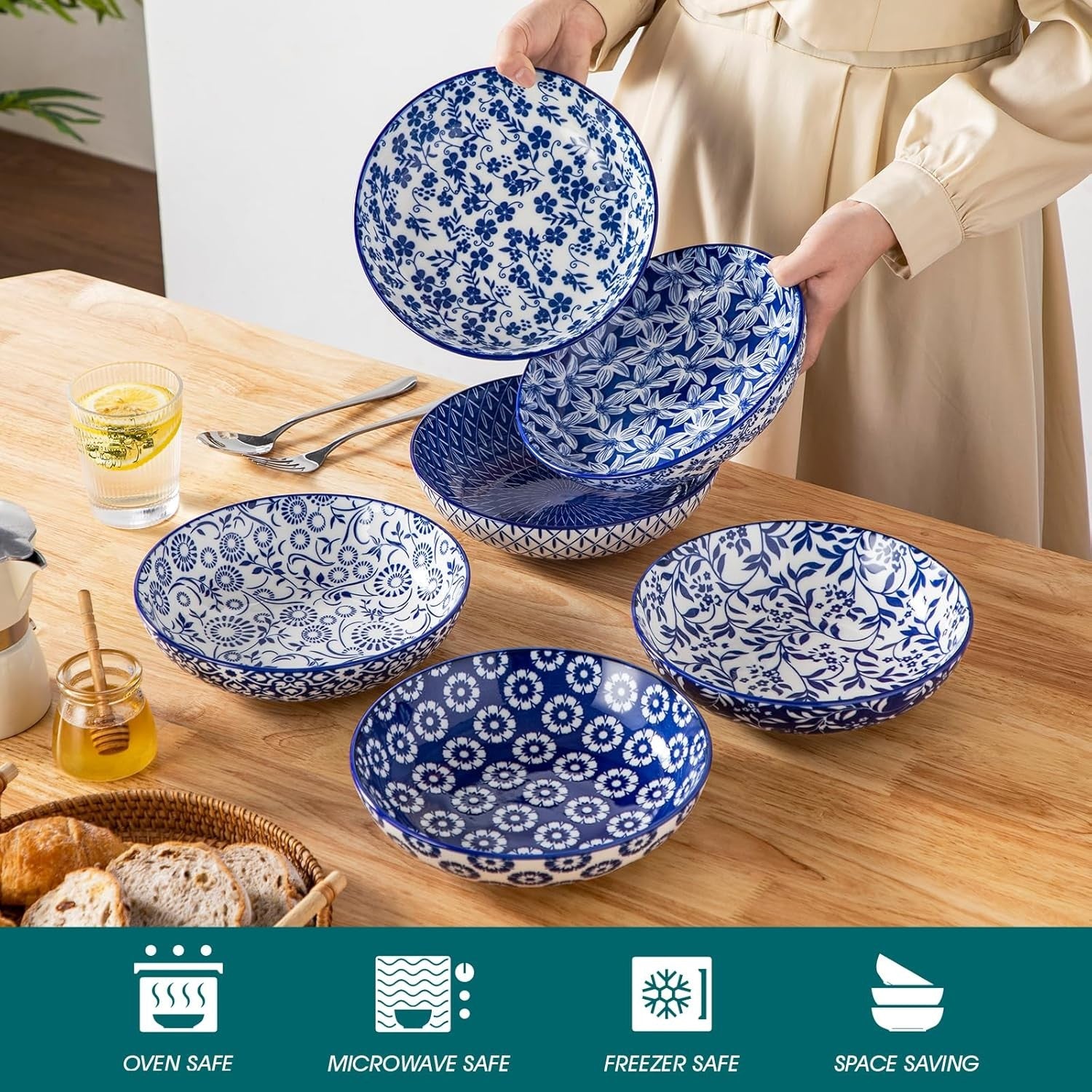 Set of 6 Large Pasta Bowls Blue White 40oz Porcelain Salad Serving