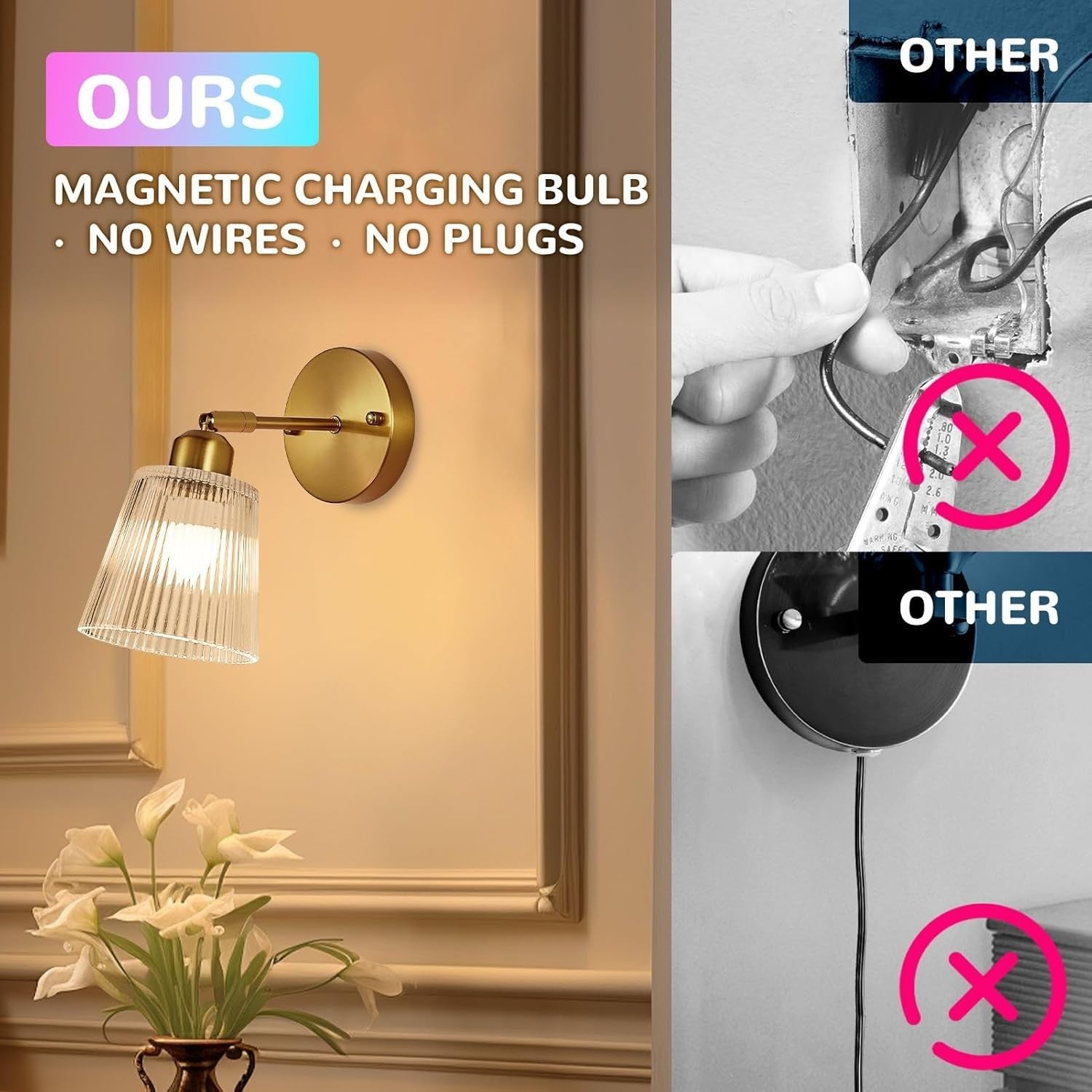 Wireless Rechargeable White Glass Wall Sconce, Remote Control LED Light