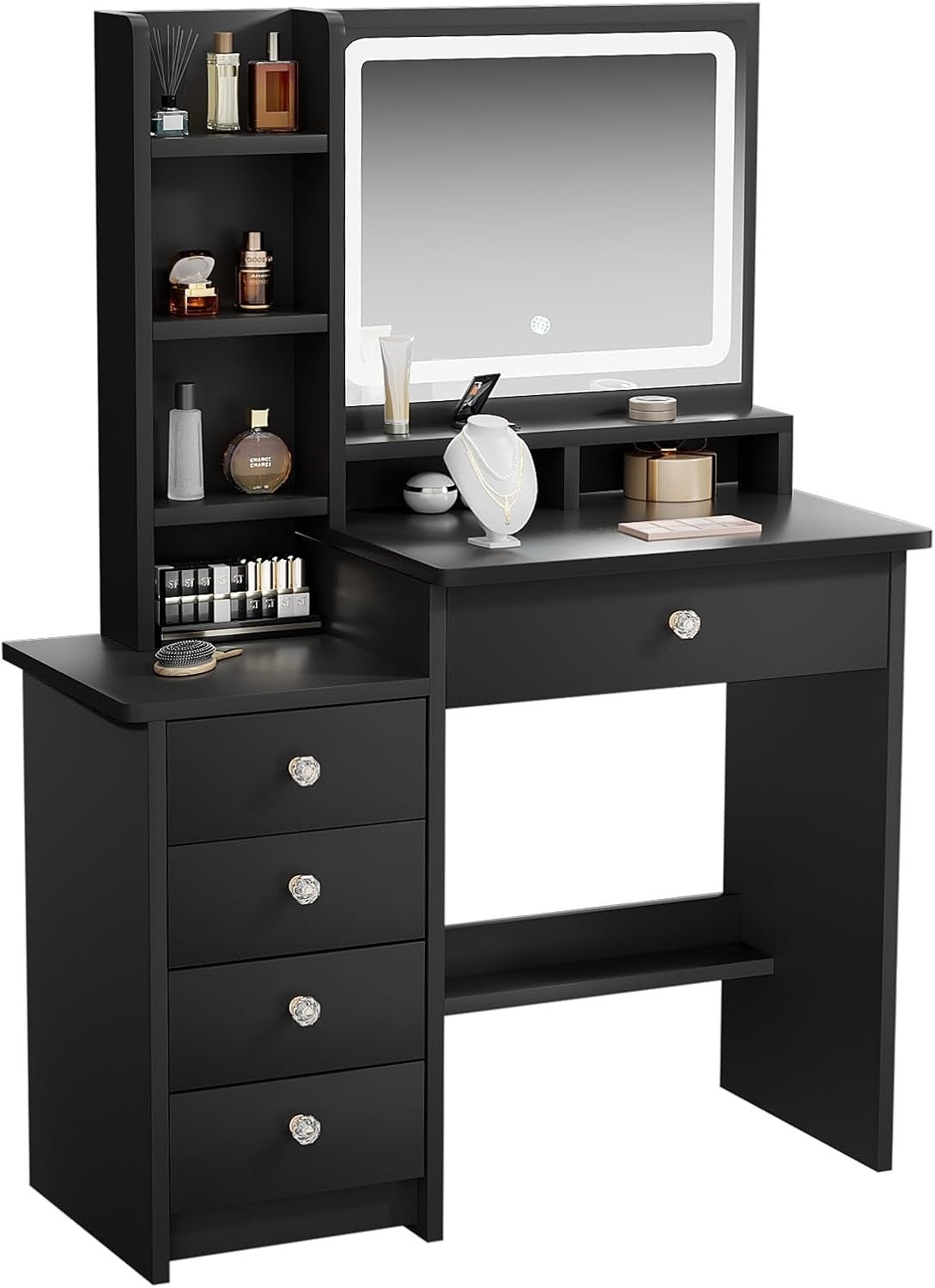 Black Vanity Desk with LED Mirror Lights 5 Drawers Makeup Table Compact 90cm