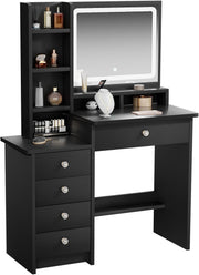 Black Vanity Desk with LED Mirror Lights 5 Drawers Makeup Table Compact 90cm