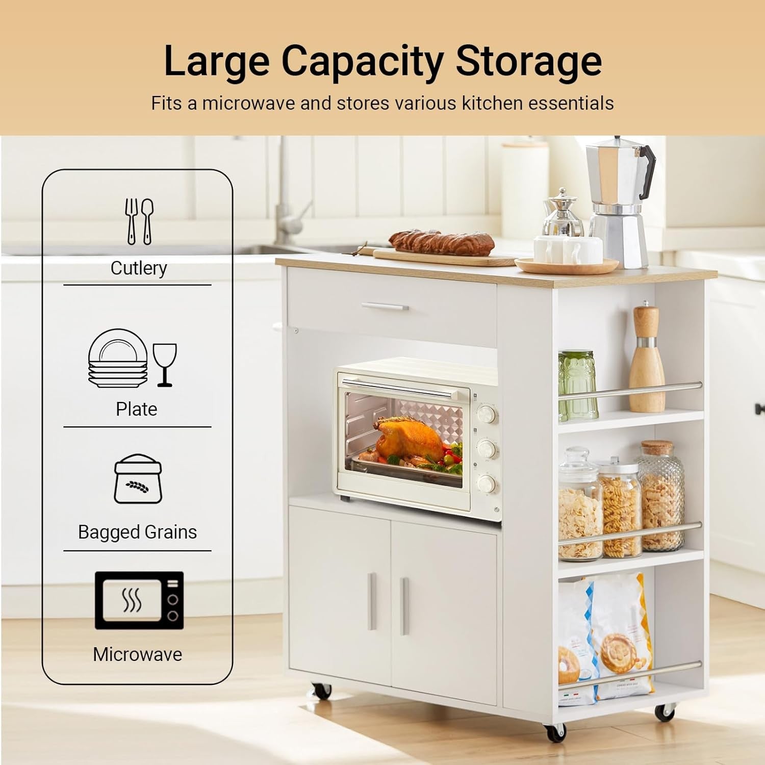 Kitchen Island Cart on Wheels Storage Trolley Drawer Cupboard Butcher Top
