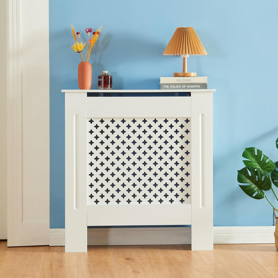 Small White Radiator Cover 78cm Modern Diamond Design MDF Wall Cabinet